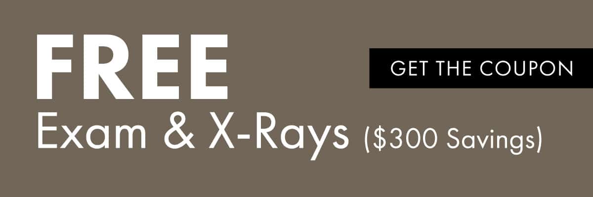 Free exam and X-rays promotion, highlighting a savings of $300 for potential patients.

